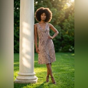 New York & Company Taupe Printed Sleeveless V-Neck Midi Dress